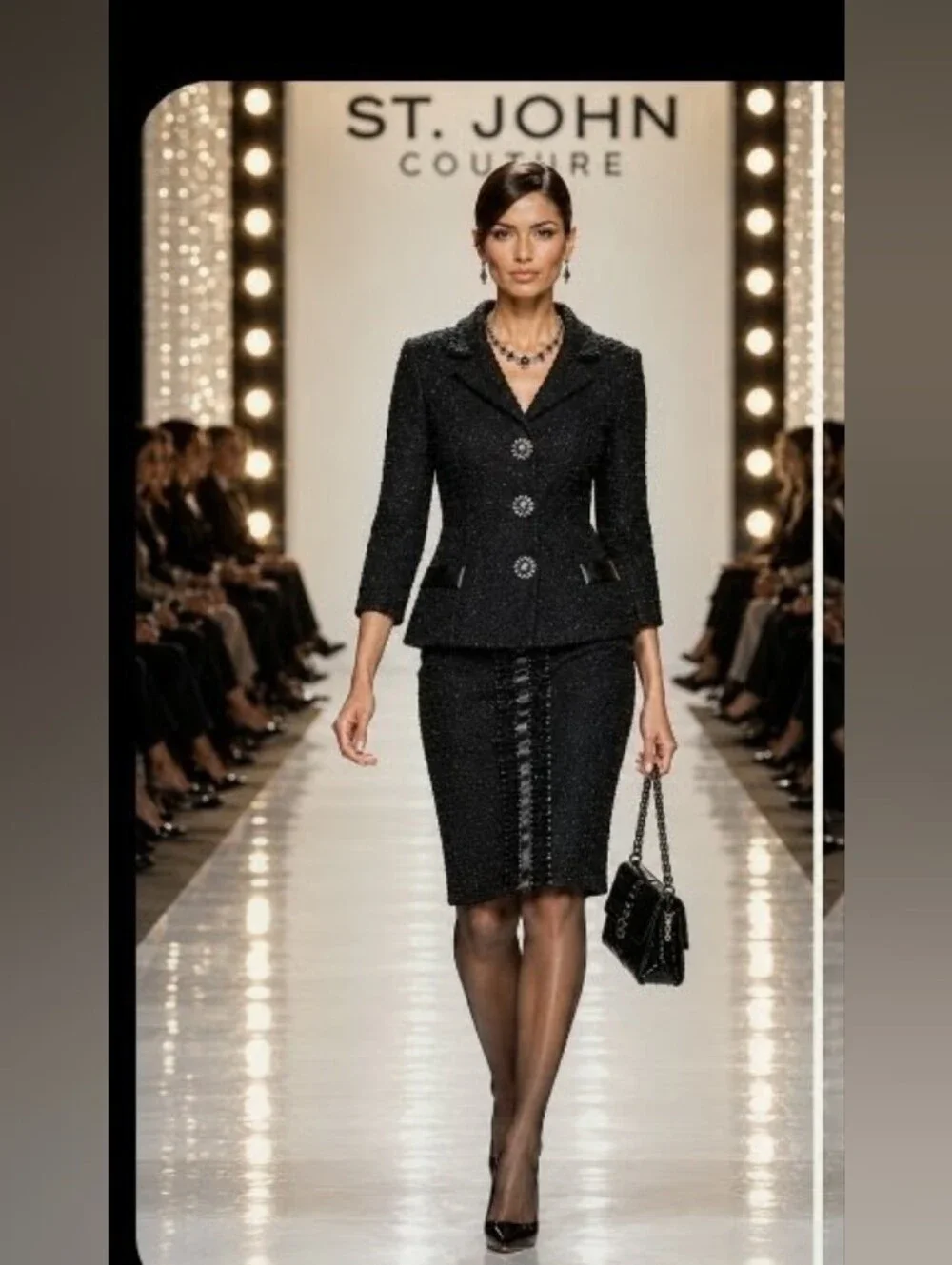 Rare Stunning St John Couture 8/6 Black Tweed Boucle Ribbon Buttons Skirt Suit